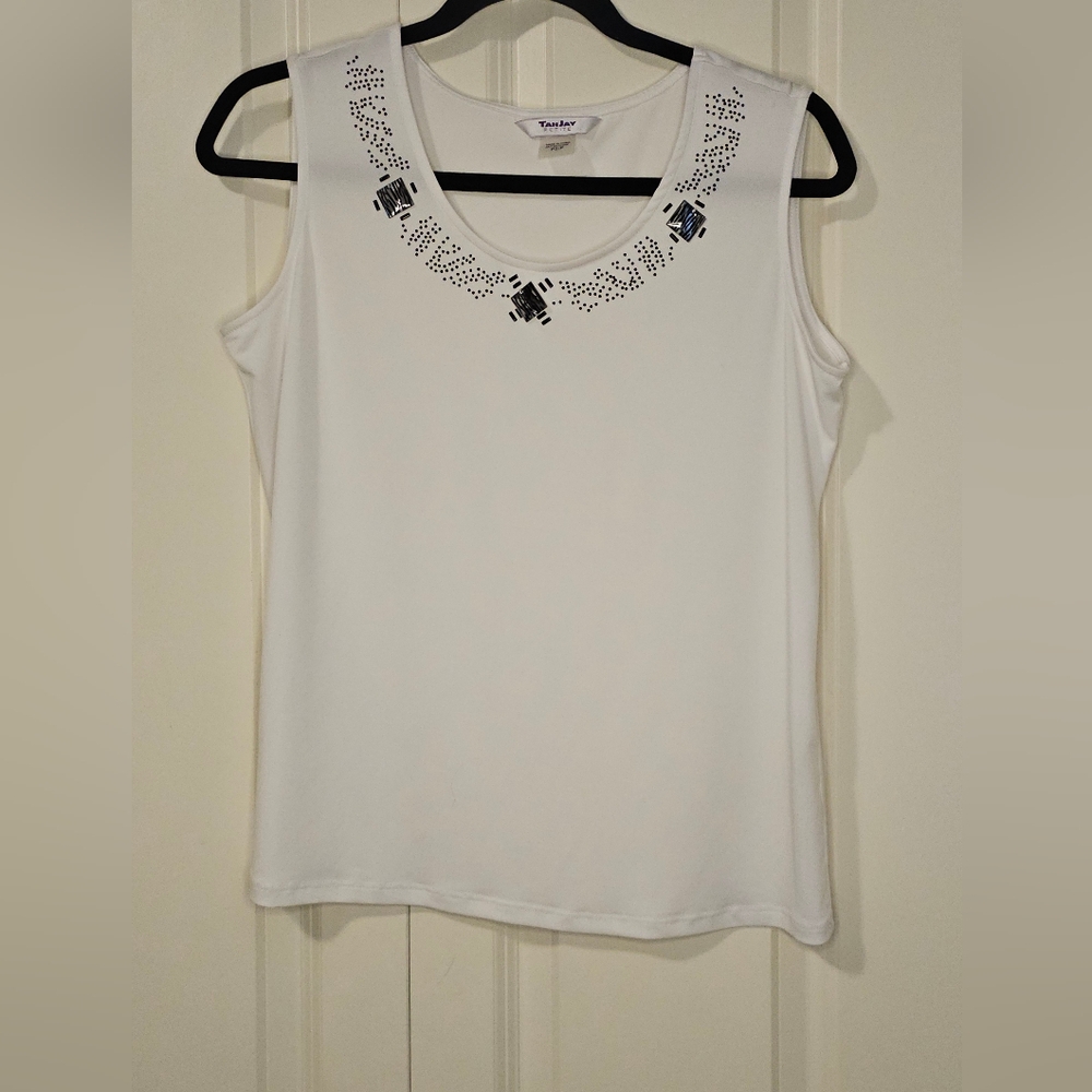Tanjay Women's White Embellished Women's Sleeveless Top SZ Petite S